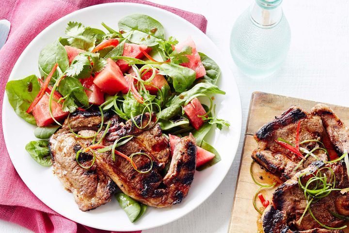 Cooking Salads Asian-style lamb with watermelon coriander salad