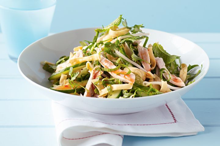Cooking Salads Asian greens with chicken and crispy noodle salad