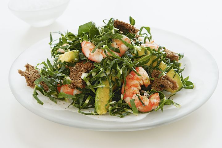 Cooking Salads Avocado, prawn and silverbeet salad with toasted rye bread