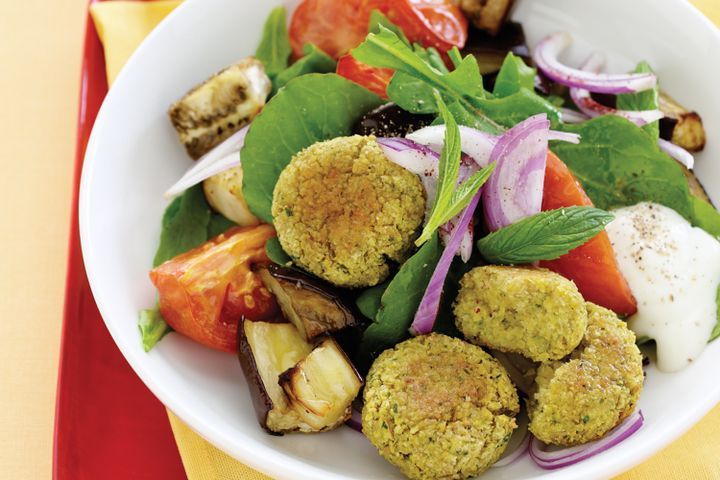 Cooking Salads Baked falafel with roasted eggplant salad