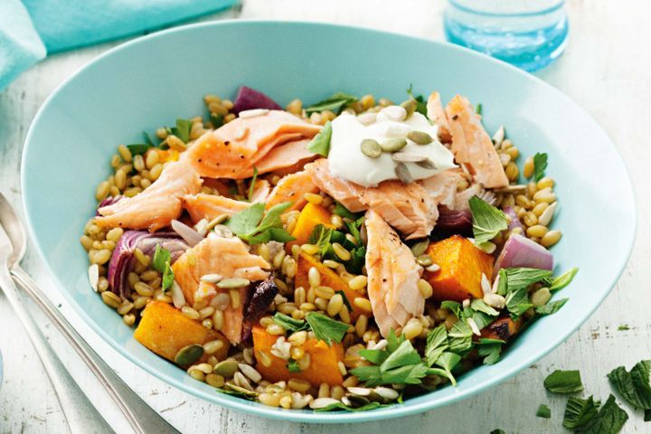 Cooking Salads Baked salmon and freekeh salad with labne