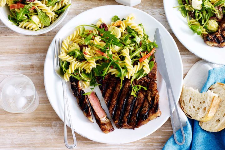 Cooking Salads Balsamic and rosemary T-Bone steaks with pasta salad