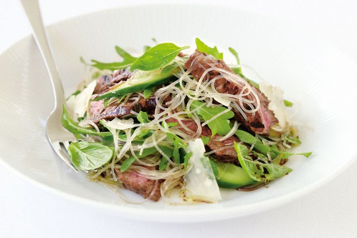 Cooking Salads Balsamic beef and glass noodle salad with rocket and parmesan