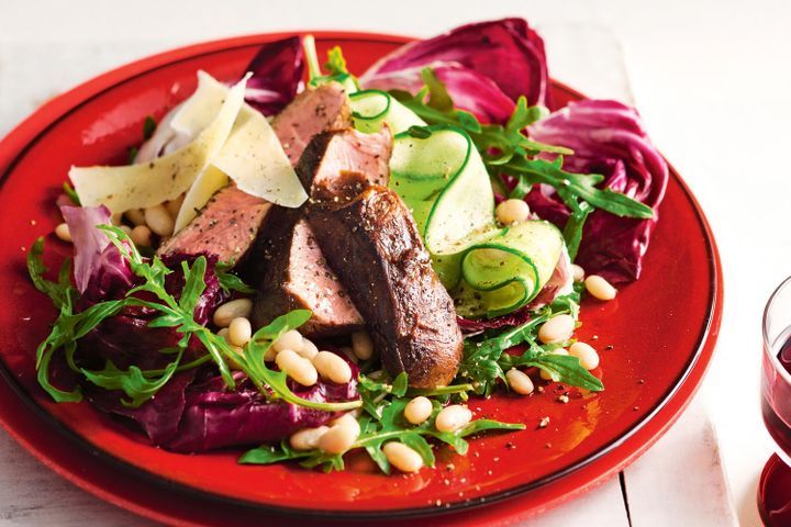 Cooking Salads Balsamic lamb with radicchio, cannellini bean and pecorino salad