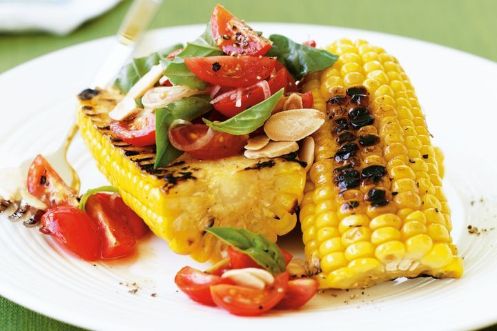 Cooking Salads Barbecued corn with tomato and almond salad