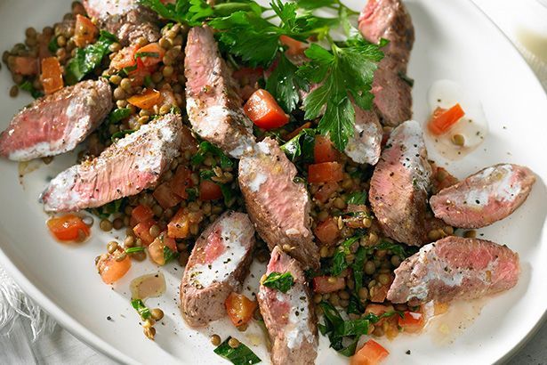 Cooking Salads Barbecued lamb with lentil salad