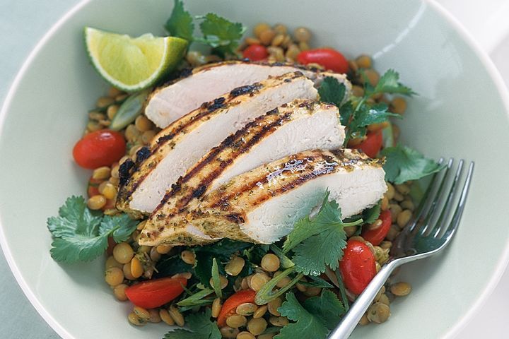 Cooking Salads Barbecued lime and coriander chicken breasts with lentil salad