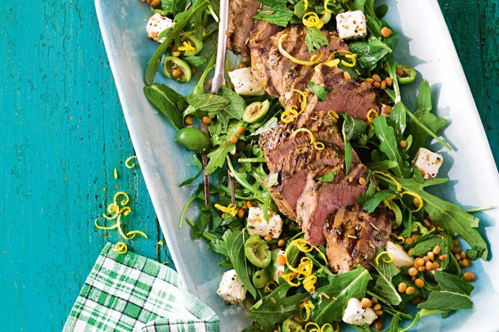 Cooking Salads Barbecued oregano lamb with lentil and green olive salad