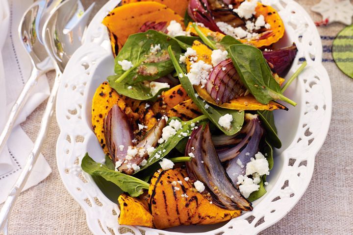 Cooking Salads Barbecued pumpkin, red onion and spinach salad