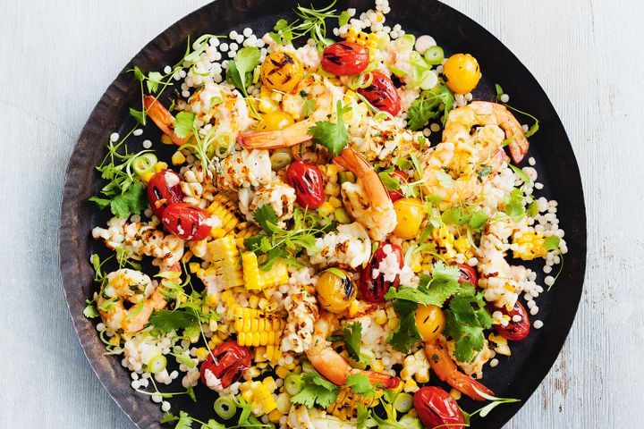 Cooking Salads Barbecued seafood and pearl couscous salad