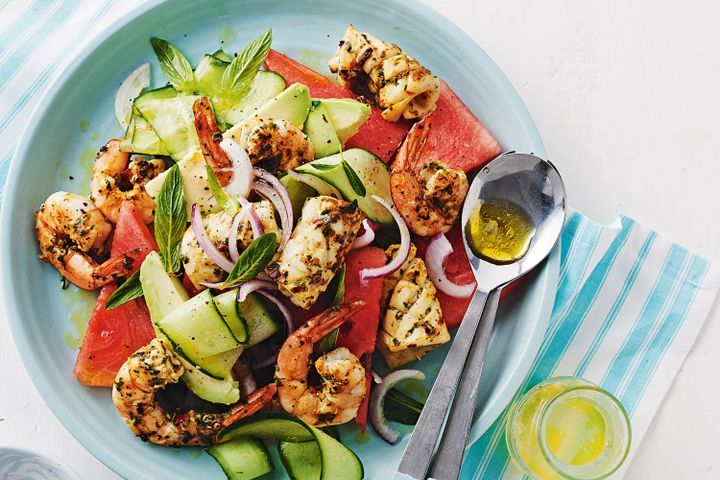 Cooking Salads Barbecued seafood & watermelon salad