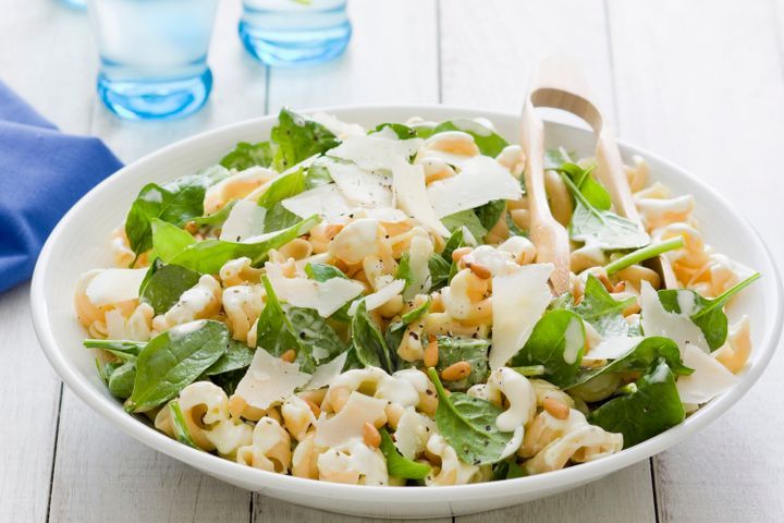 Cooking Salads Basil, pinenut and parmesan pasta salad