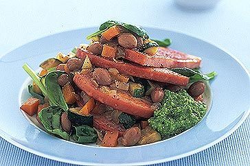 Cooking Salads Bean and spinach salad with ham steaks