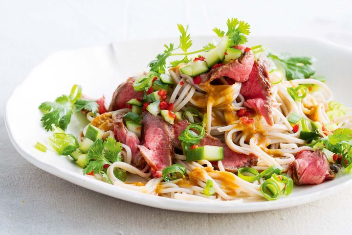 Cooking Salads Beef, pickled cucumber and soba noodle salad