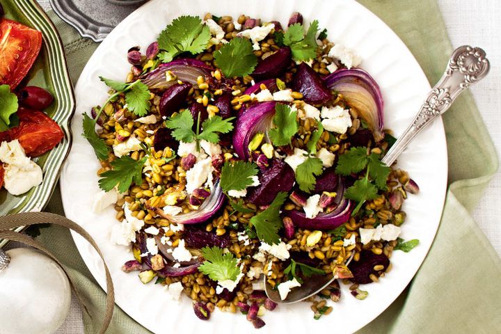 Cooking Salads Beetroot, freekeh and pistachio salad