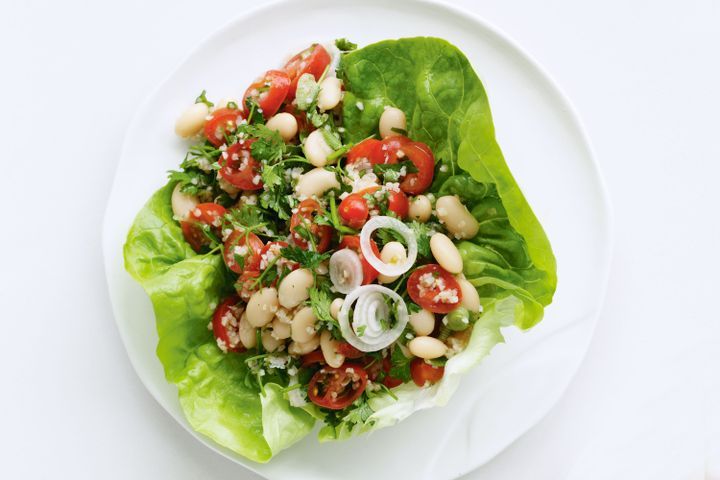 Cooking Salads Burghul, tomato and bean salad in lettuce cups