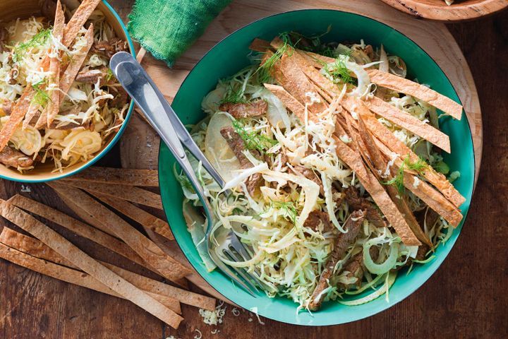 Cooking Salads Cabbage, fennel and Mexican spiced beef salad