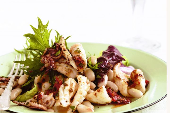 Cooking Salads Calamari and cannellini bean salad with tomato-caper dressing
