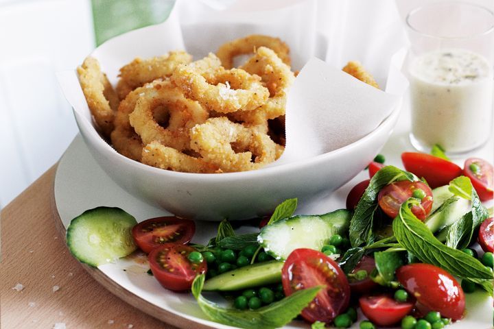 Cooking Salads Calamari with lemon aioli and pea & mint salad