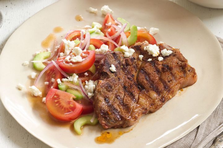 Cooking Salads Char-grilled lamb chops with Greek salad