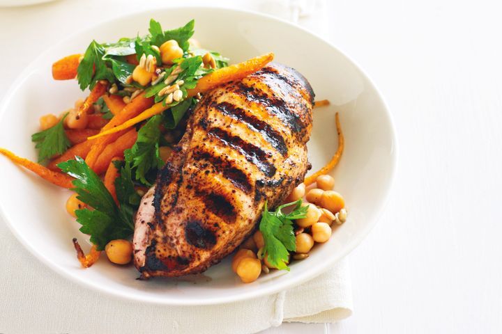 Cooking Salads Chargrilled moroccan chicken with roast carrot and chickpea salad