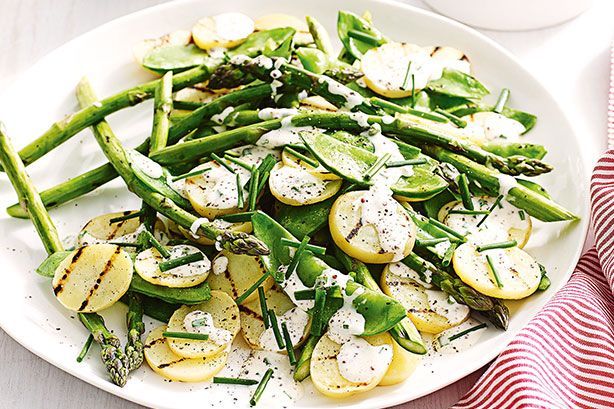 Cooking Salads Chargrilled potato, asparagus and snow pea salad