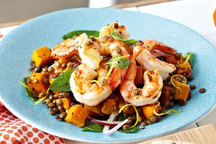 Cooking Salads Chargrilled prawn, pumpkin and lentil salad