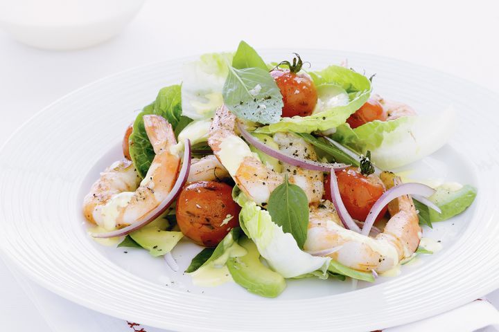 Cooking Salads Chargrilled prawn salad with saffron dressing