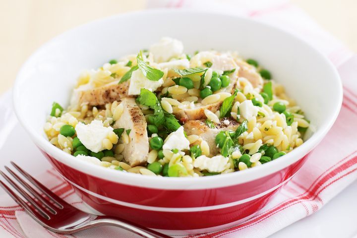 Cooking Salads Chicken, feta and pea risoni salad