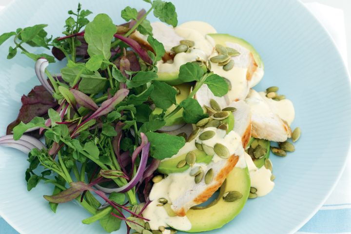 Cooking Salads Chicken and avocado salad with chilli & lime aioli