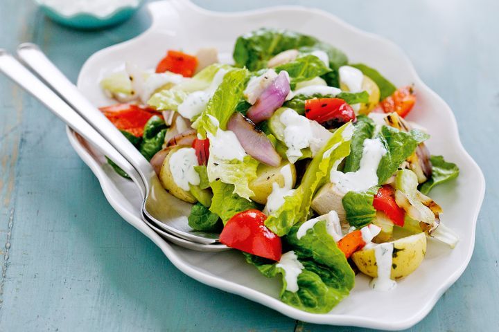 Cooking Salads Chicken and potato salad with yoghurt and dill dressing