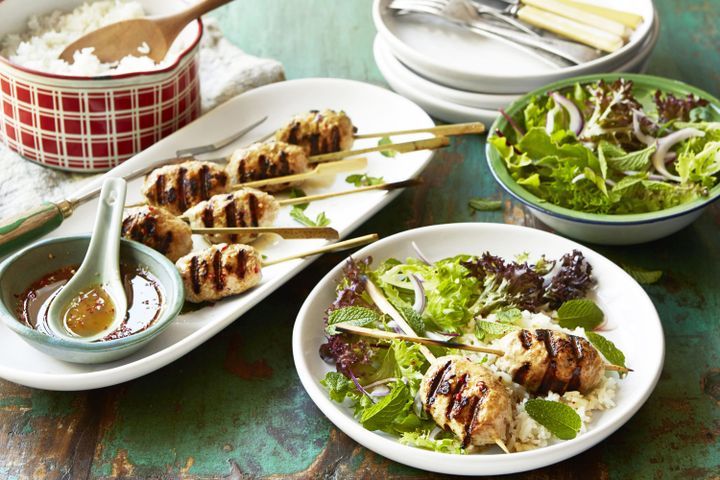 Cooking Salads Chicken larb skewers with mixed greens & mint salad