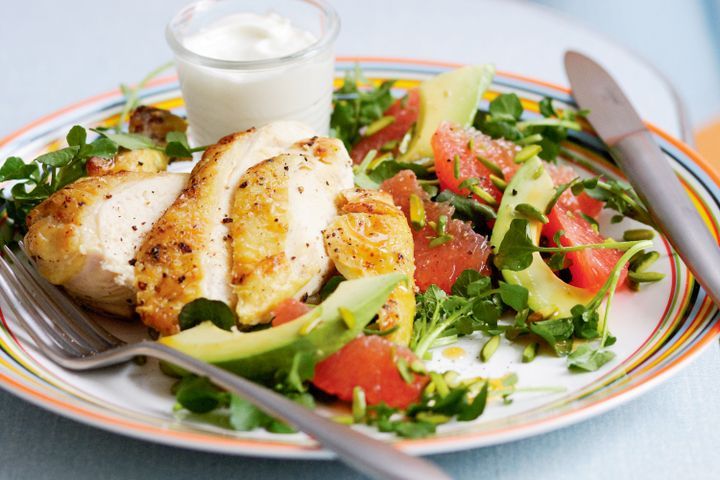 Cooking Salads Chicken with avocado and pink grapefruit salad