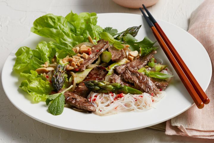Cooking Salads Chilled noodle salad with wok-seared beef and asparagus