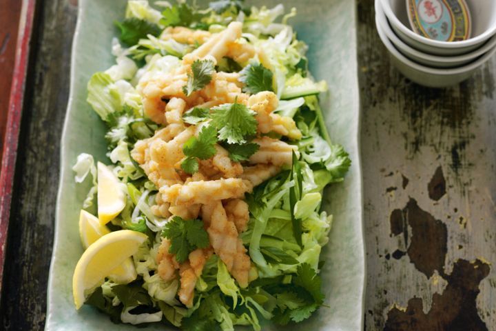 Cooking Salads Chilli salt and pepper squid with cucumber and coriander salad