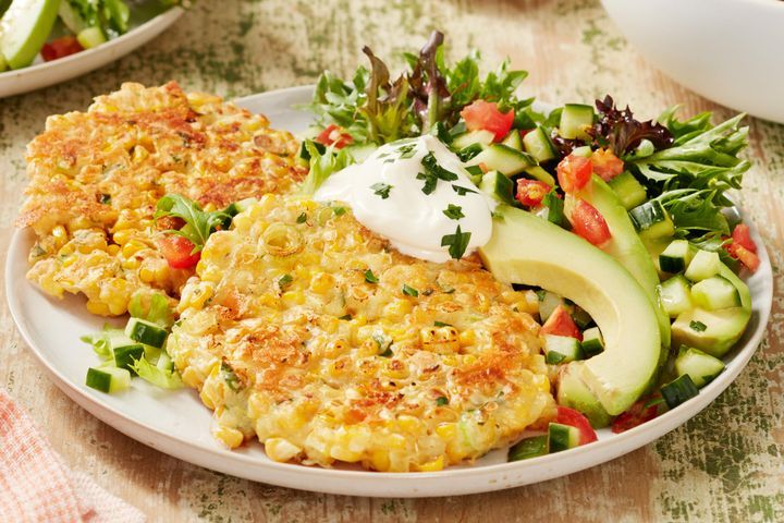 Cooking Salads Corn fritters with lemony cucumber salad