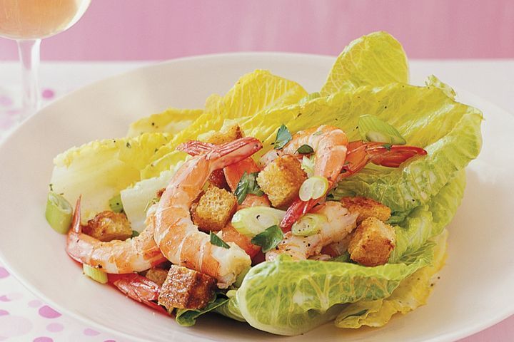 Cooking Salads Cos lettuce, prawn and crouton salad