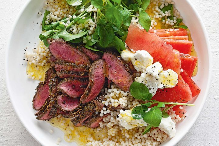 Cooking Salads Couscous, watermelon and feta salad with spiced lamb