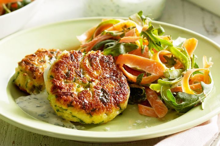 Cooking Salads Couscous fritters with shaved asparagus & carrot salad