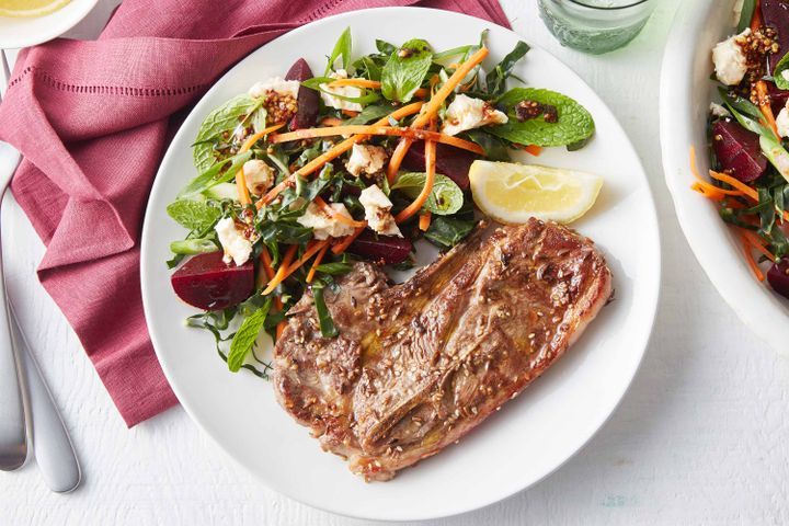 Cooking Salads Cumin and sesame lamb with silverbeet and beetroot salad
