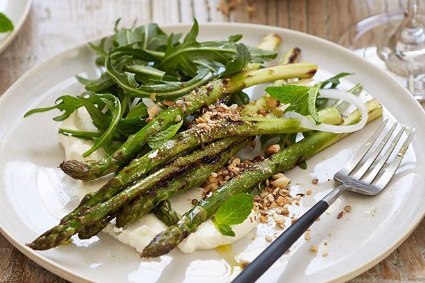 Cooking Salads Curtis barbecued asparagus salad with rocket, dukkah, and labneh