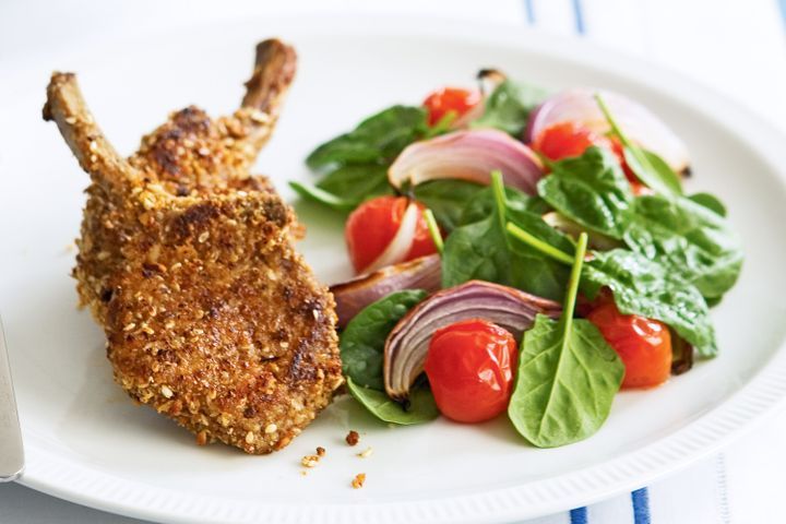 Cooking Salads Dukkah lamb cutlets with tomato and spinach salad