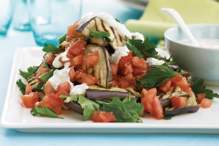 Cooking Salads Eggplant, tomato and parsley salad with mint yoghurt dressing