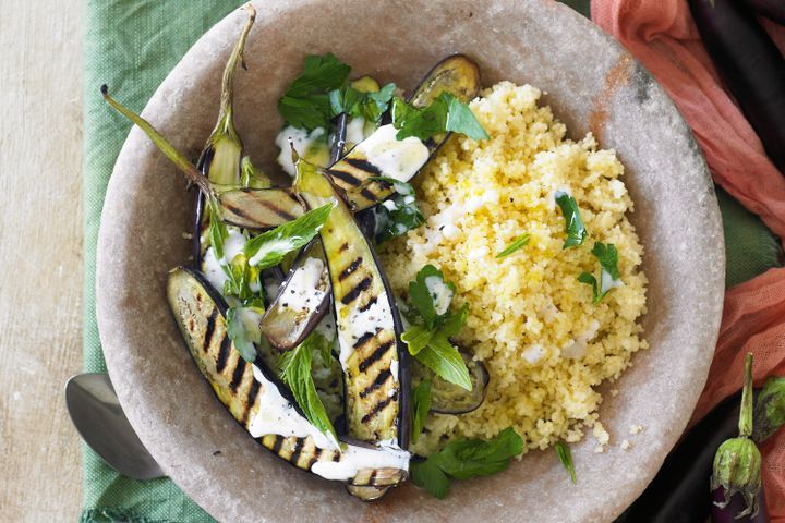 Cooking Salads Eggplant and couscous salad with yoghurt dressing