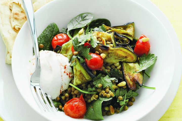 Cooking Salads Eggplant and lentil salad with yoghurt dressing