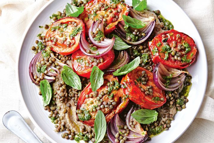 Cooking Salads Eggplant puree with tomato and lentil salad and pistou