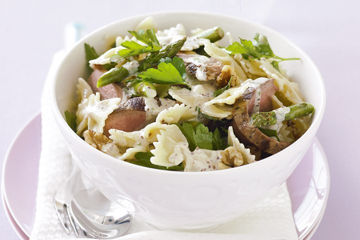 Cooking Salads Farfalle, beef and asparagus salad