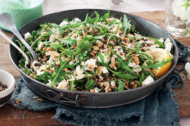 Cooking Salads Farro, lentil and goats cheese salad with avocado dressing
