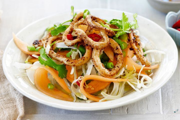 Cooking Salads Fennel & lemon calamari with rockmelon salad