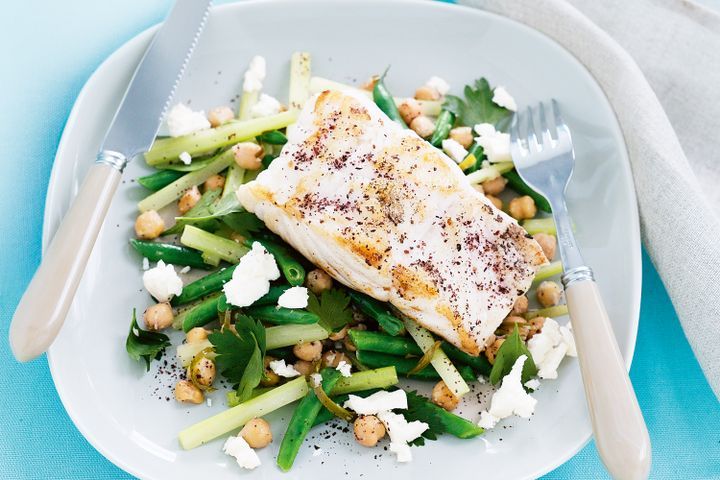 Cooking Salads Fish with chickpea and green chilli salad